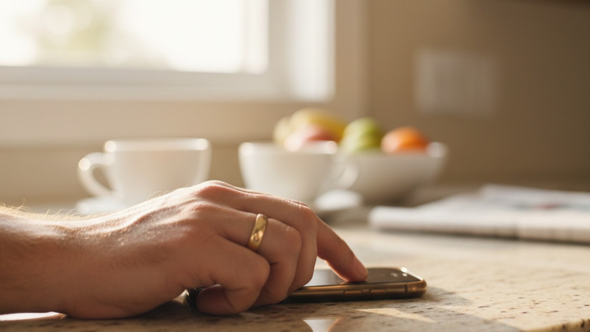 Man's hand gripping phone face-down on kitchen counter with wedding ring visible