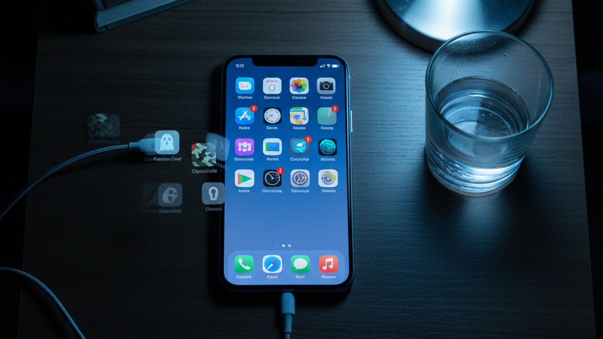 Overhead view of smartphone on nightstand showing various apps