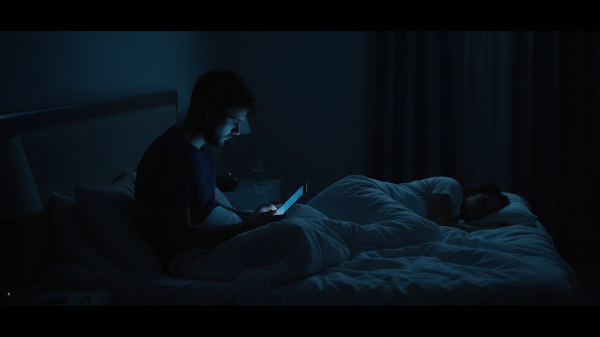 Silhouette of person using phone in bed at night while partner sleeps
