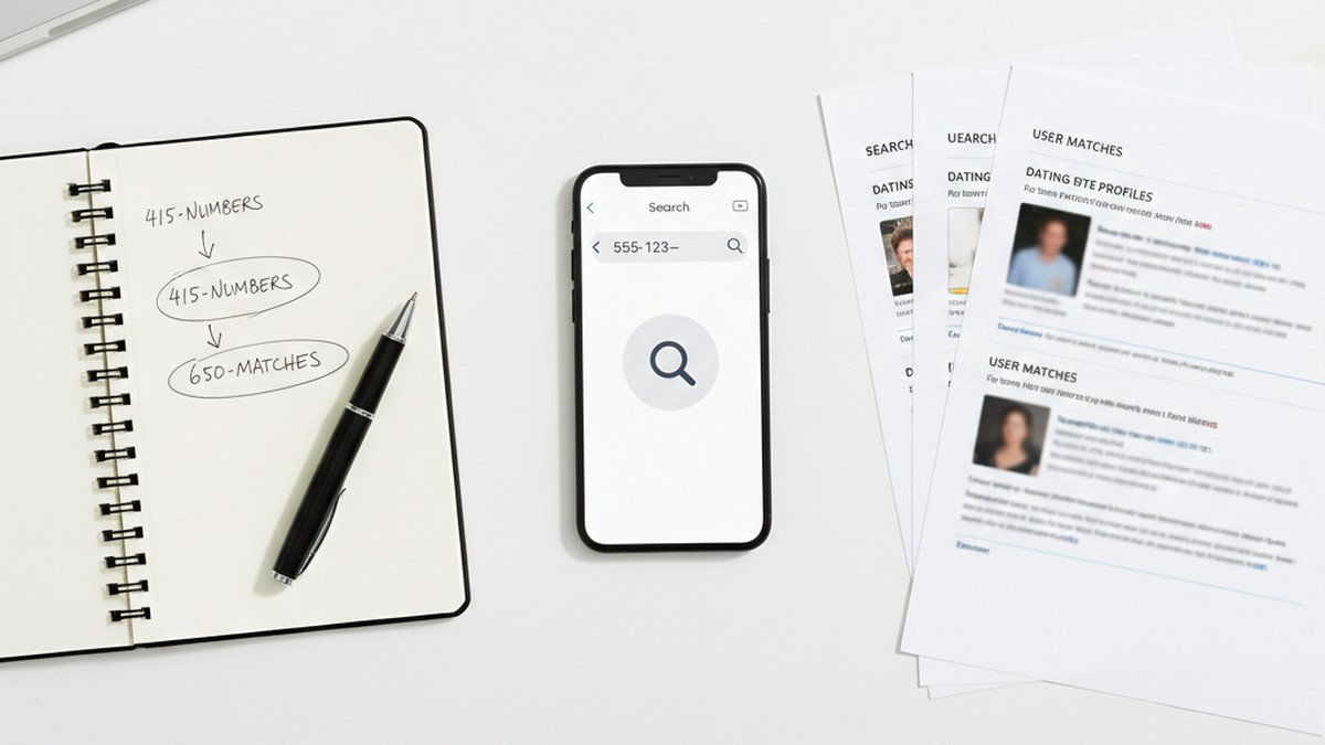 Flat-lay of phone number search tools including smartphone notebook and search results