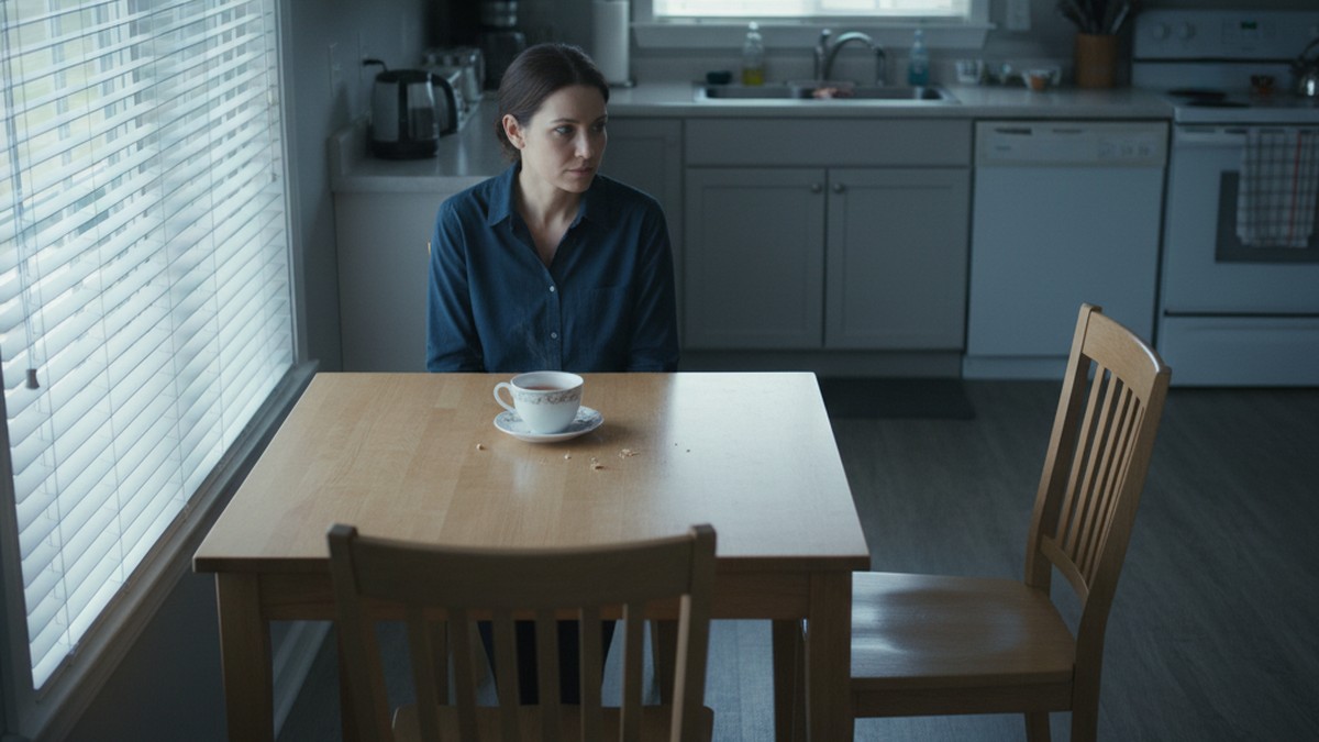 Woman sitting alone at kitchen table processing observations about husband behavior changes