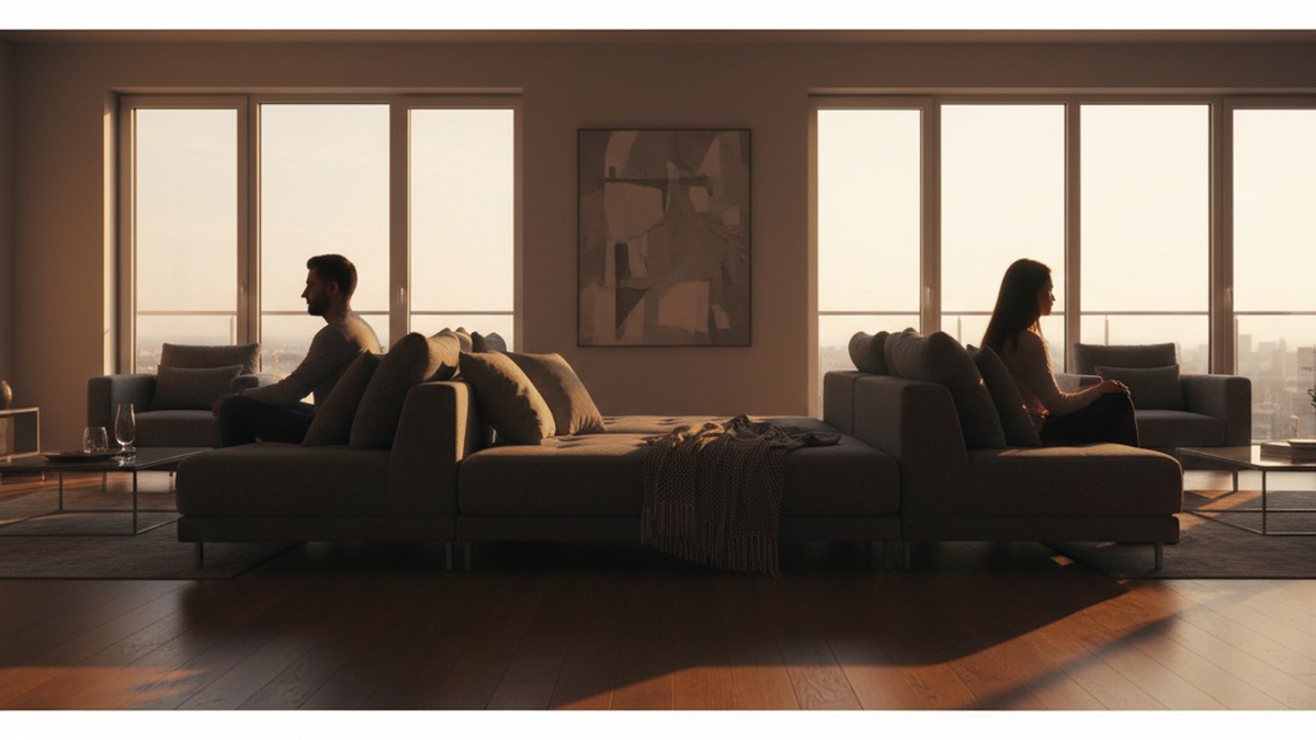 Couple sitting at opposite ends of couch with physical distance between them, representing body language signs of cheating
