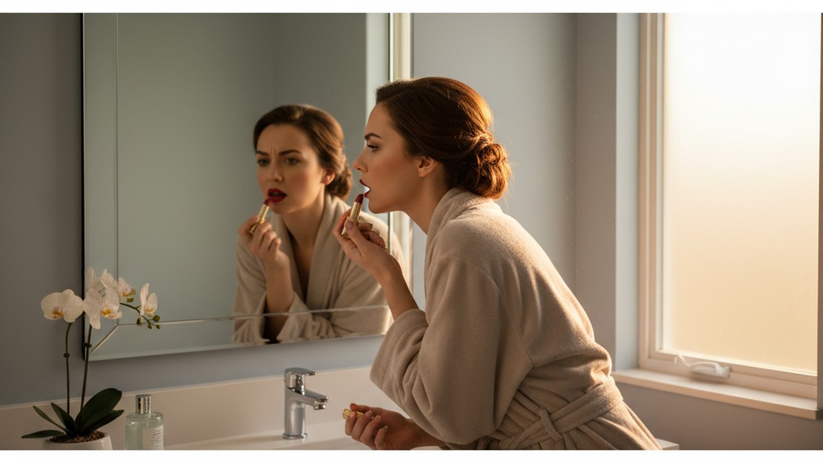 Woman applying makeup at bathroom mirror, illustrating sudden appearance changes that may signal emotional distance in a relationship