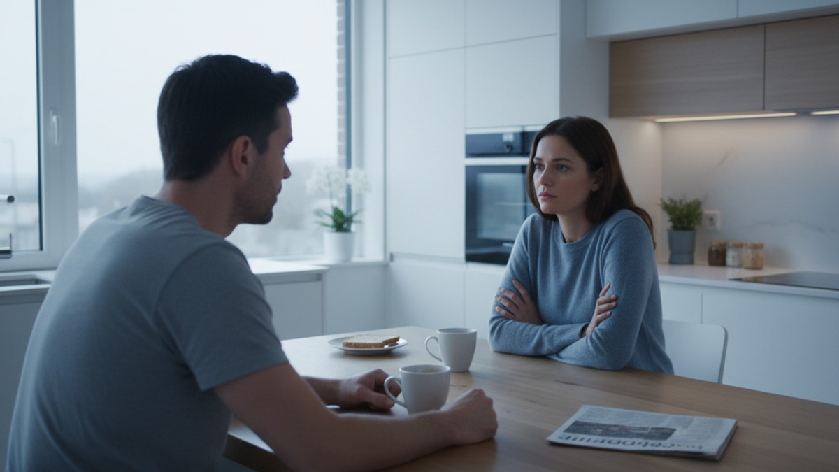 Couple at kitchen table with subtle physical distance, illustrating body language changes that can signal deception