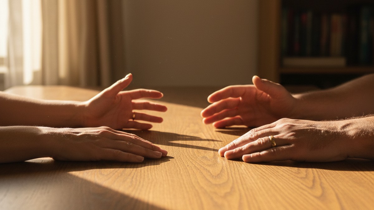 Two sets of hands on a table with deliberate space between them, representing physical and emotional distance between partners