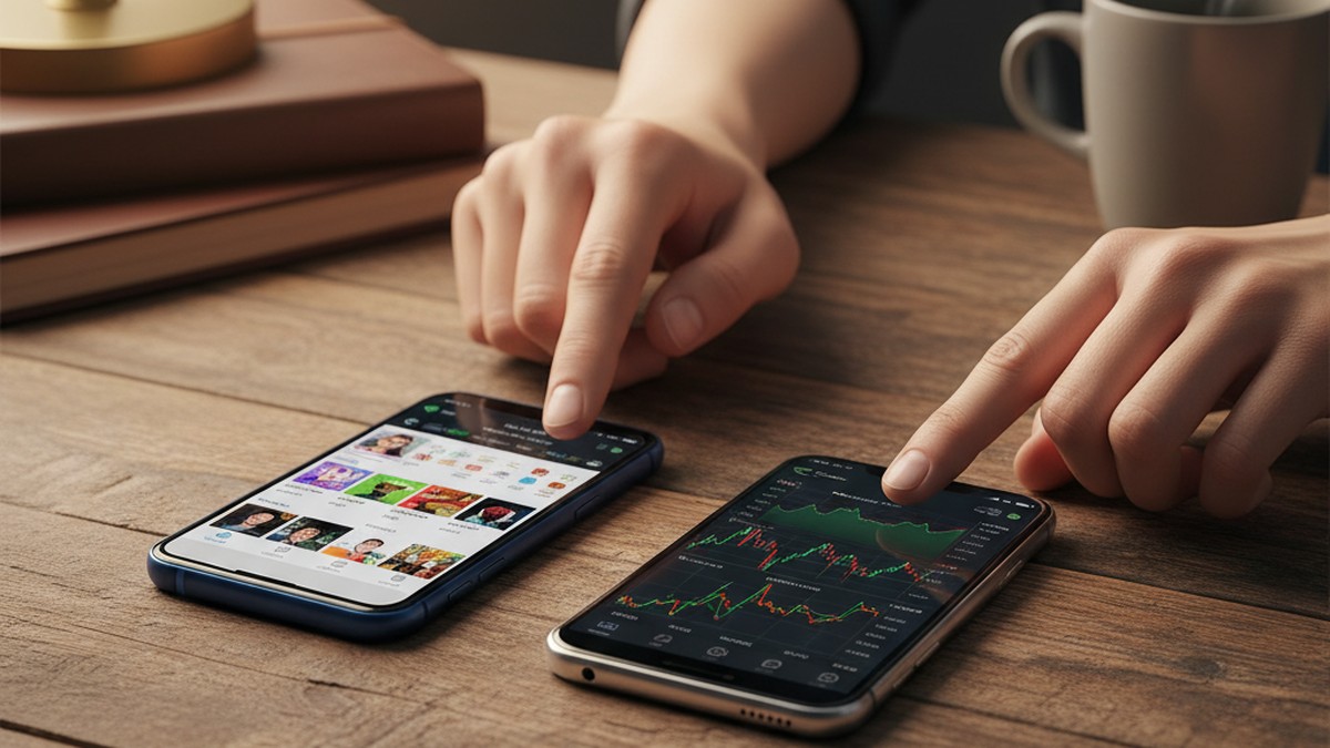 Two smartphones side by side showing different app interfaces for comparing dating profile search tools