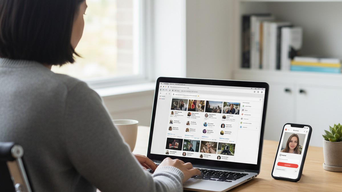 Person using laptop to run reverse image search for dating profile verification