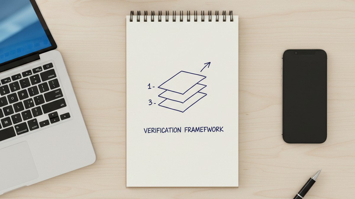 Overhead desk flat-lay with notepad showing three-layer verification framework steps