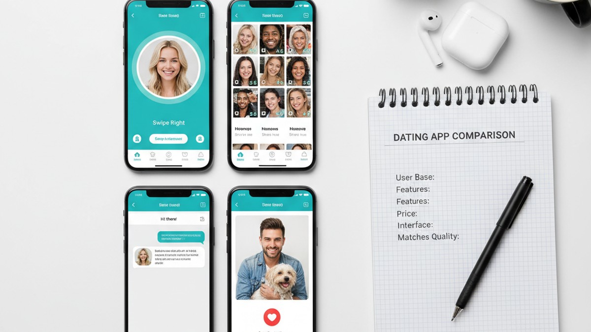 Four smartphones showing different dating profile search tools side by side for comparison