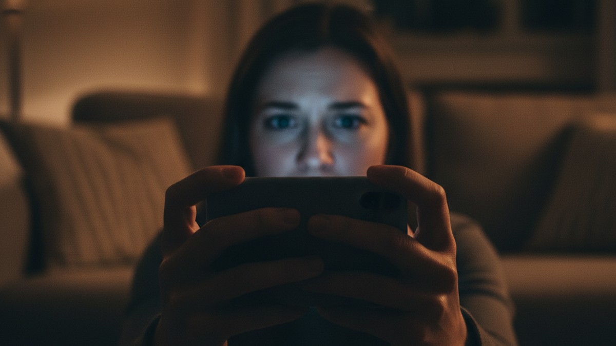 Person sitting alone at night staring at phone with suspicion and anxiety