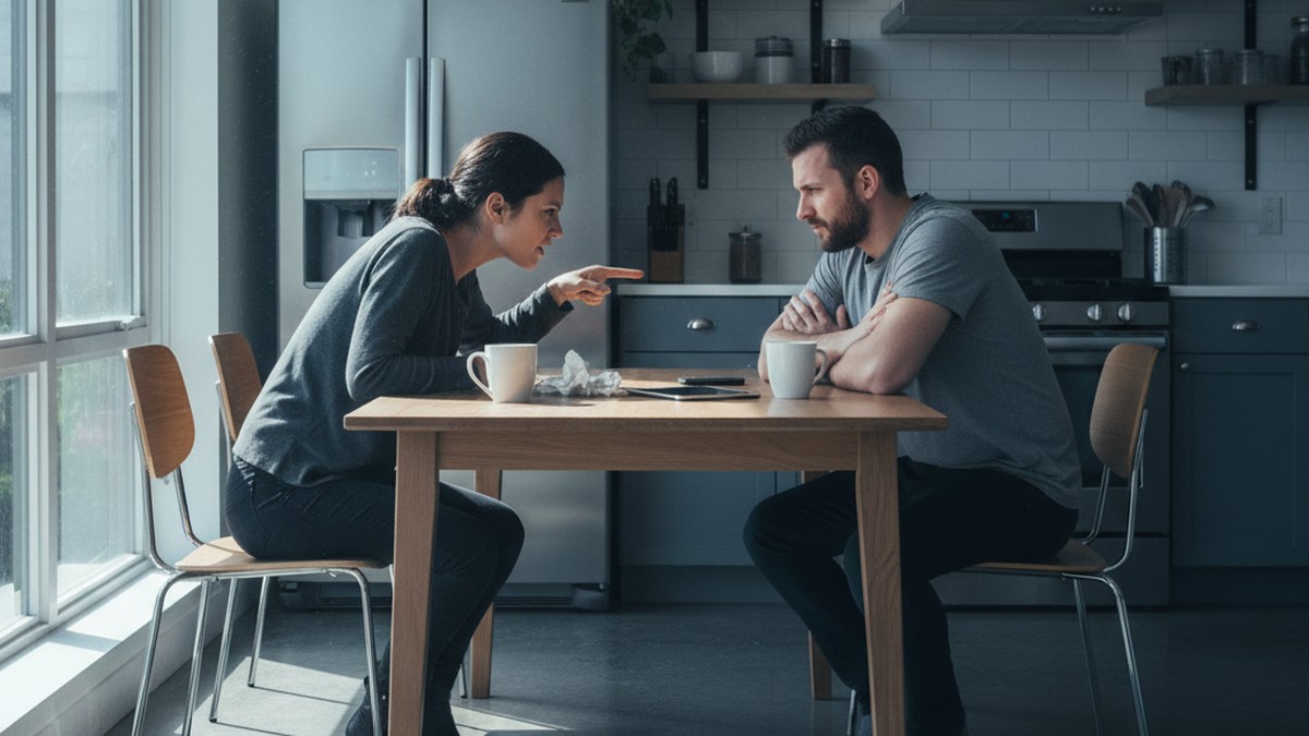 Couple in tense confrontation at kitchen table, partner making accusation