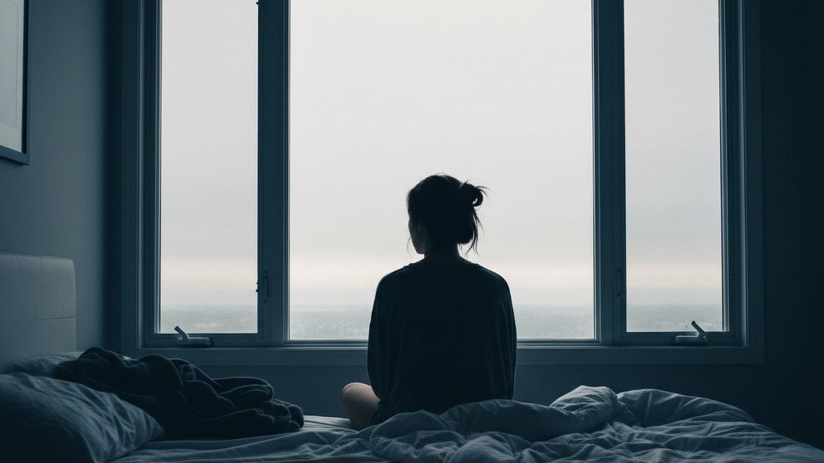 Woman sitting alone on bed looking out window after difficult argument