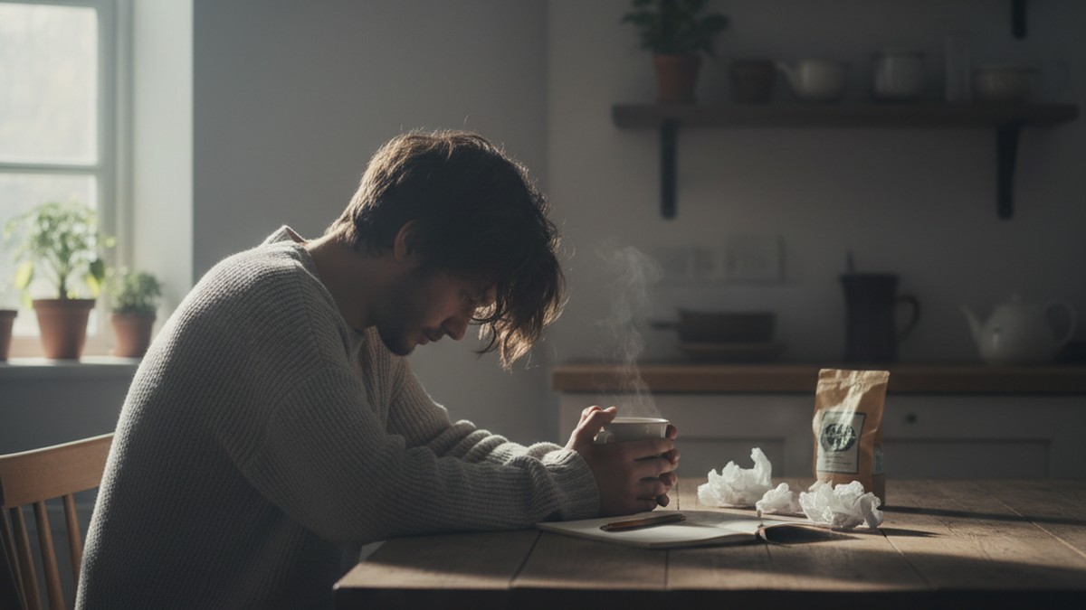 Person sitting alone at kitchen table processing emotional pain after being cheated on