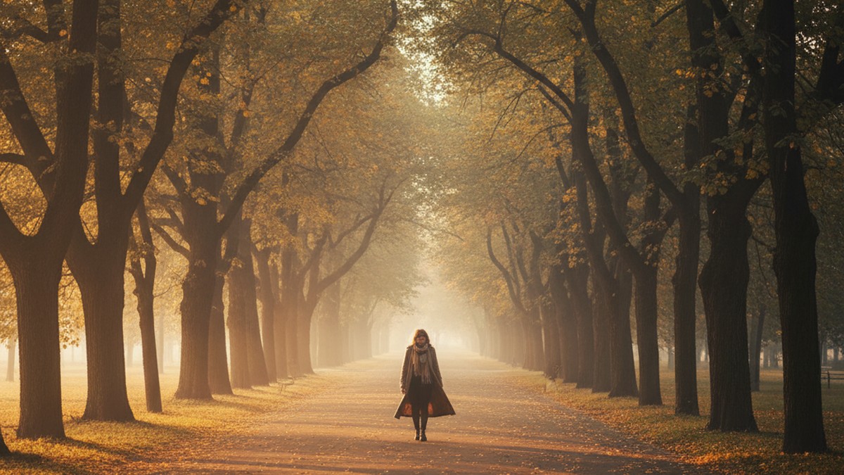 Person walking alone on park path toward light, representing recovery from infidelity