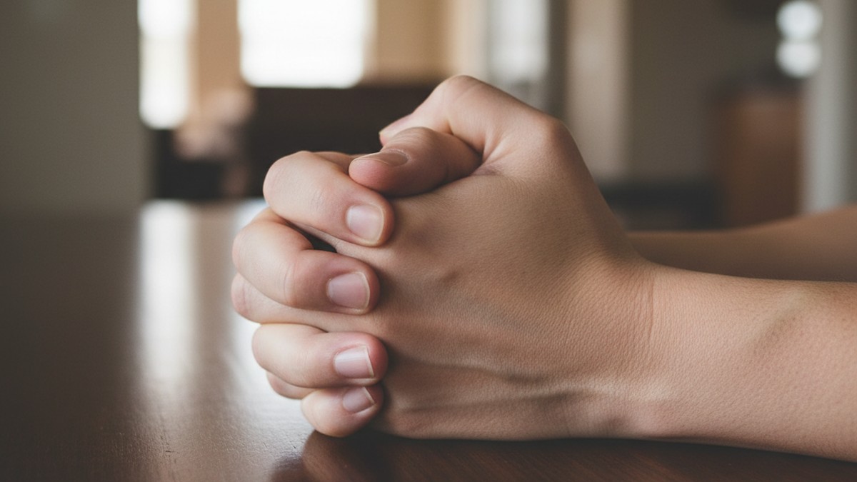 Clasped hands showing tension and physical stress, illustrating somatic symptoms of infidelity trauma