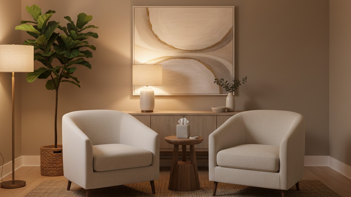 Empty therapy office with two chairs, representing the healing environment for PTSD from cheating treatment