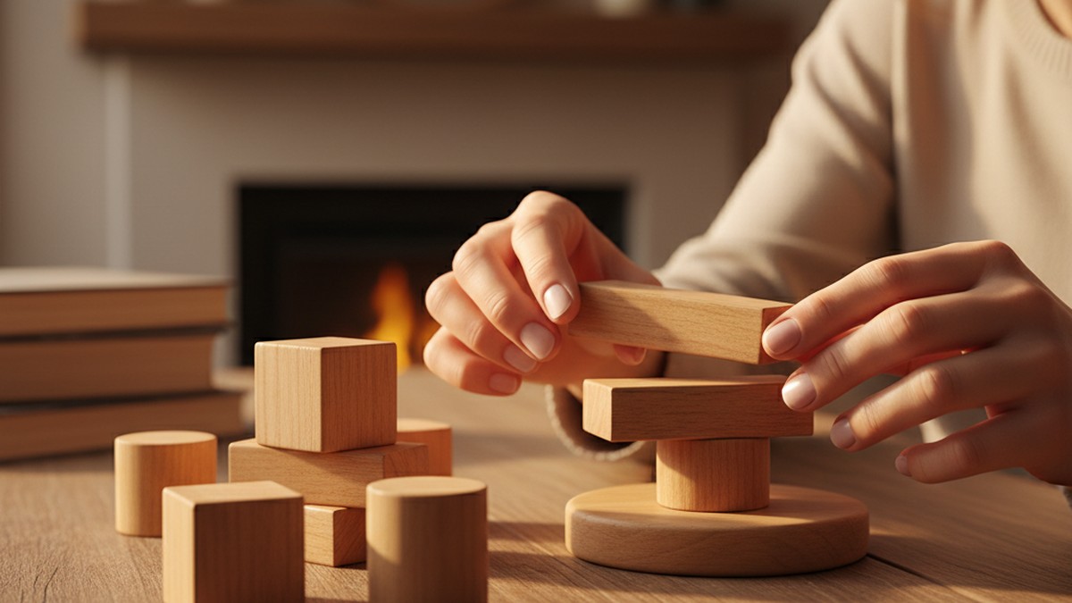 Hands carefully stacking wooden blocks representing the layered process of rebuilding trust after cheating
