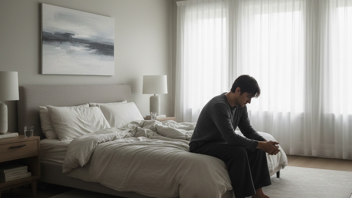 Person sitting alone on bed experiencing post-infidelity stress disorder symptoms after discovering a partner's affair