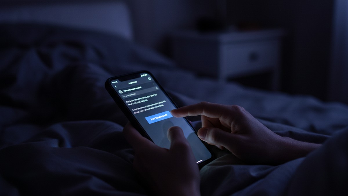 Hands typing on a smartphone screen late at night, secretive browsing behavior in a darkened room