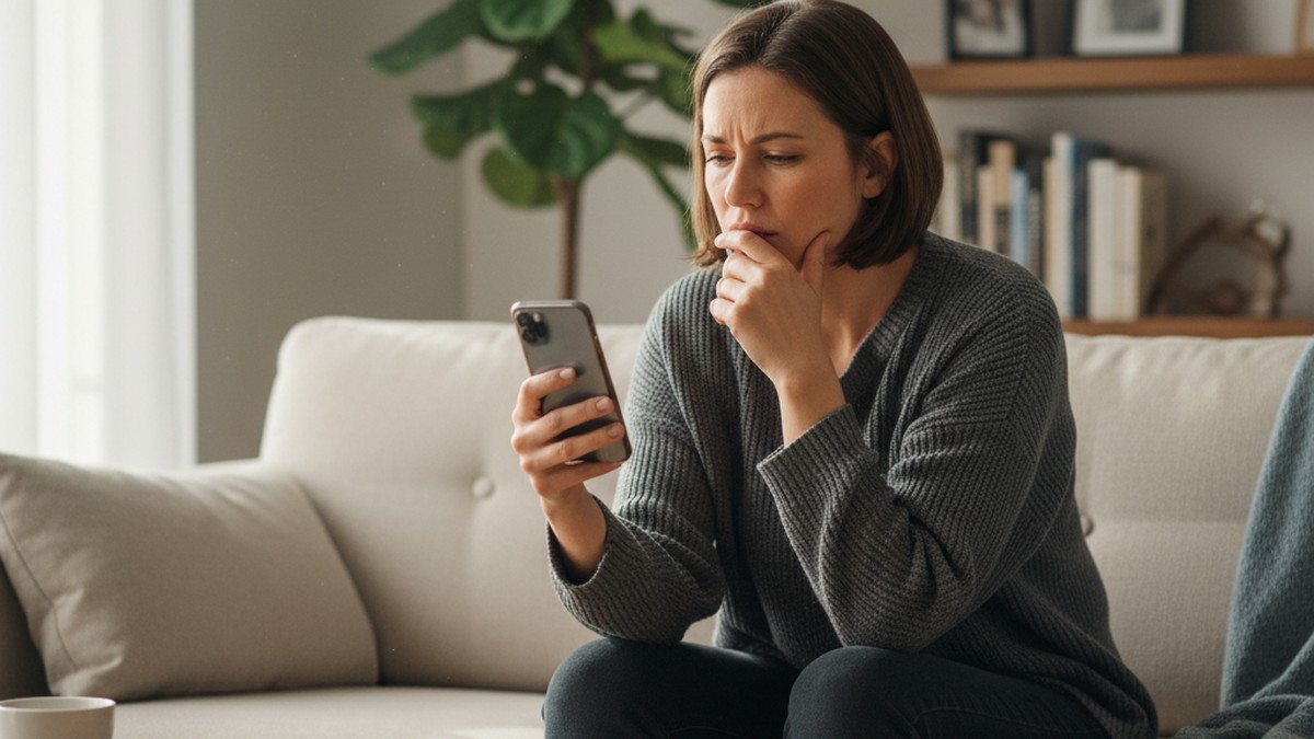 Person sitting alone on sofa holding phone with concerned expression, processing Reddit affair discovery