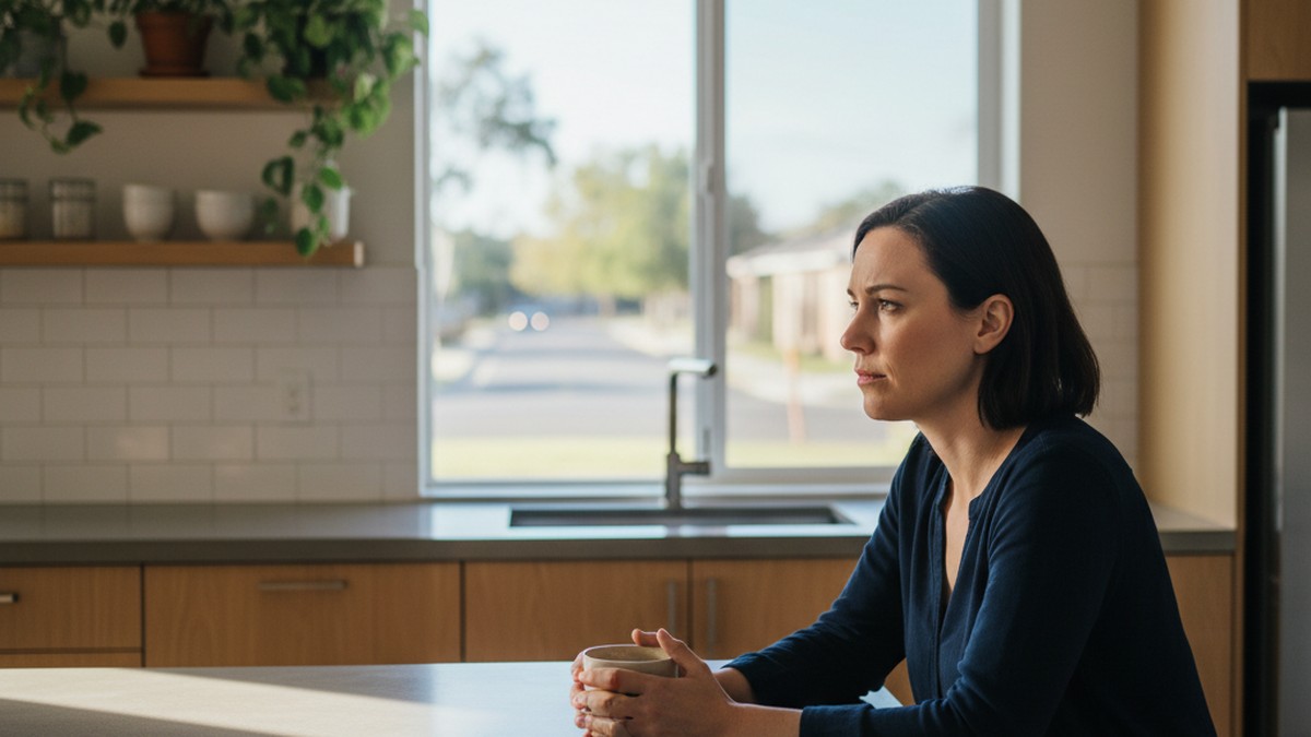Woman at kitchen window beginning to process emotions after cheating discovery