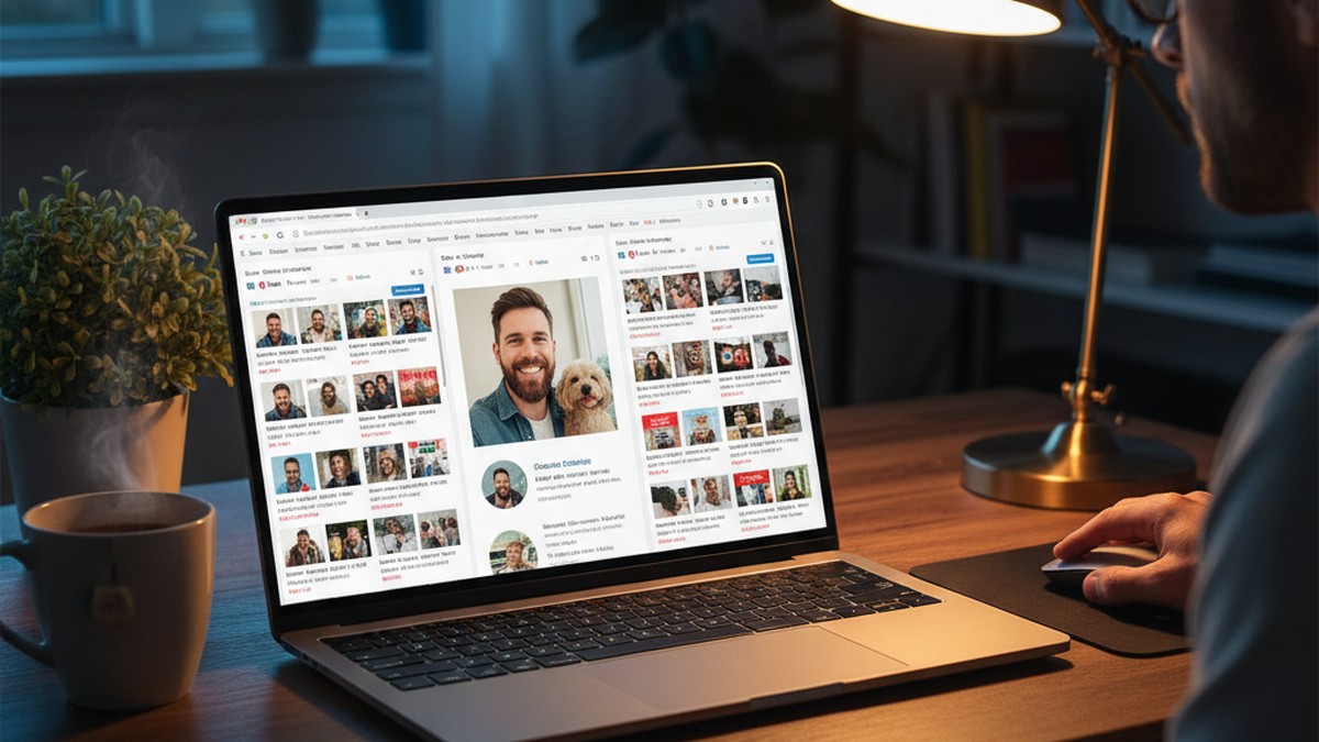 Person researching dating profile verification tools on a laptop