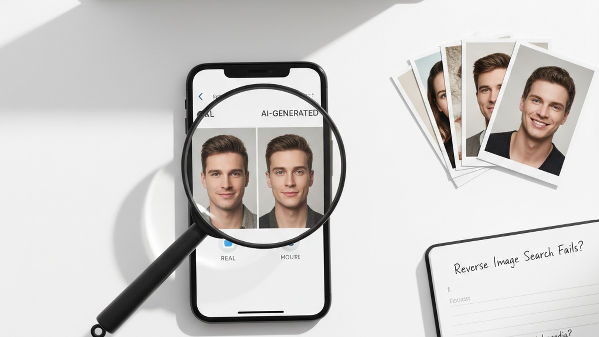 Flat-lay investigation setup with magnifying glass and phone showing dating profile