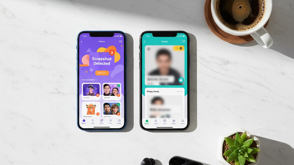 Two smartphones side by side showing dating app interfaces on a marble surface