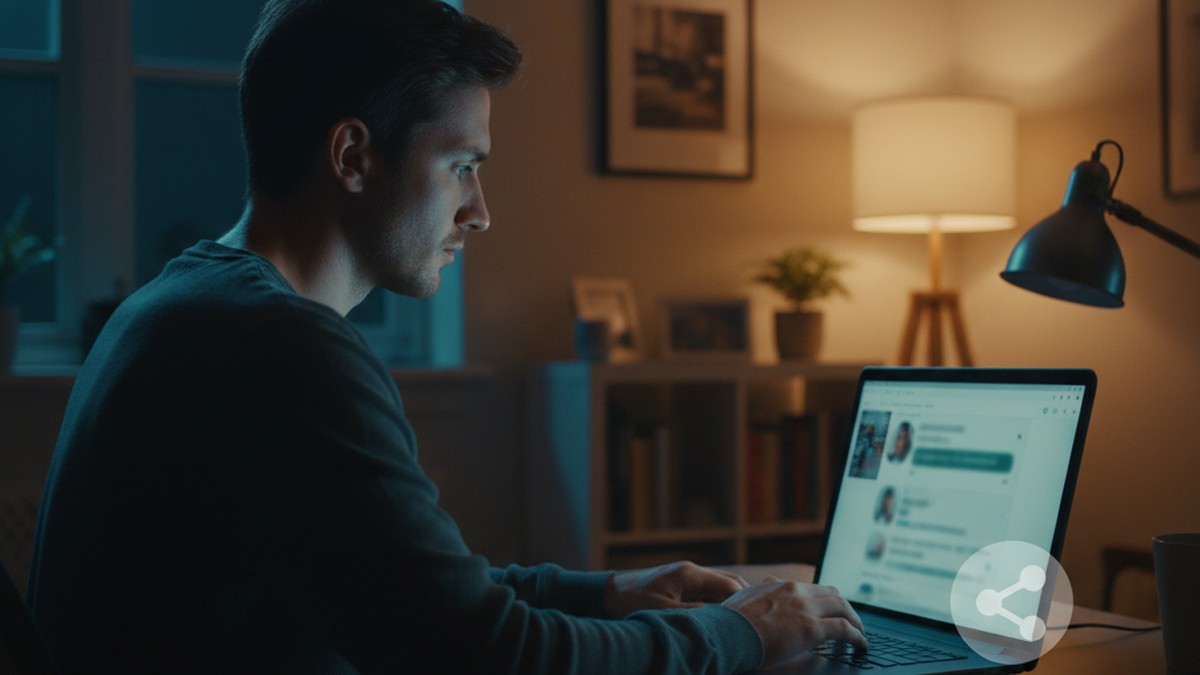 Person at desk contemplating whether to share a screenshot on social media