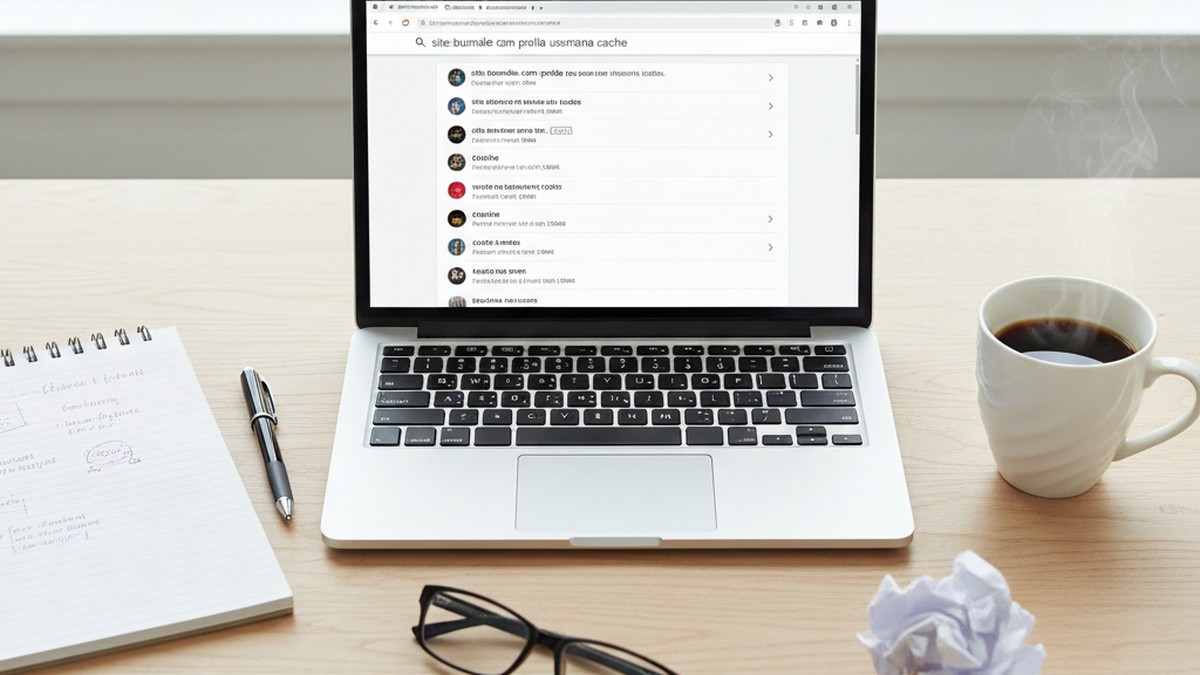 Laptop open on a desk showing a Google search, with notepad and coffee nearby