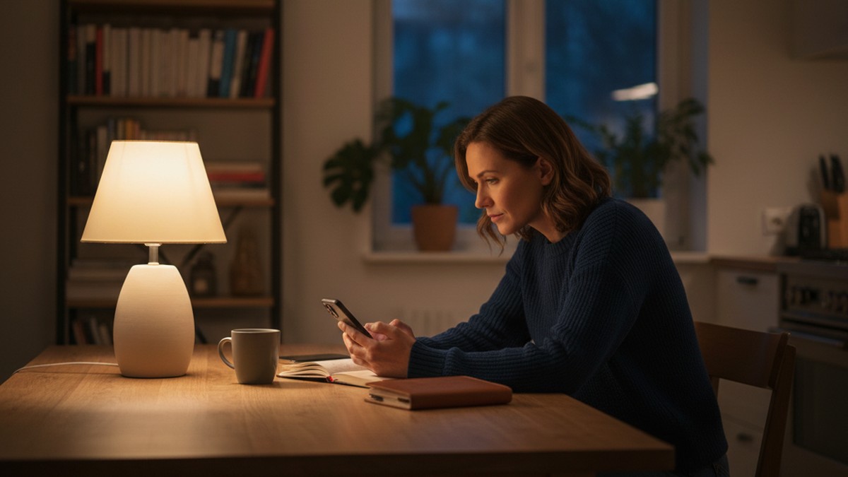 Person sitting alone at a table evaluating search results on their phone with a thoughtful expression