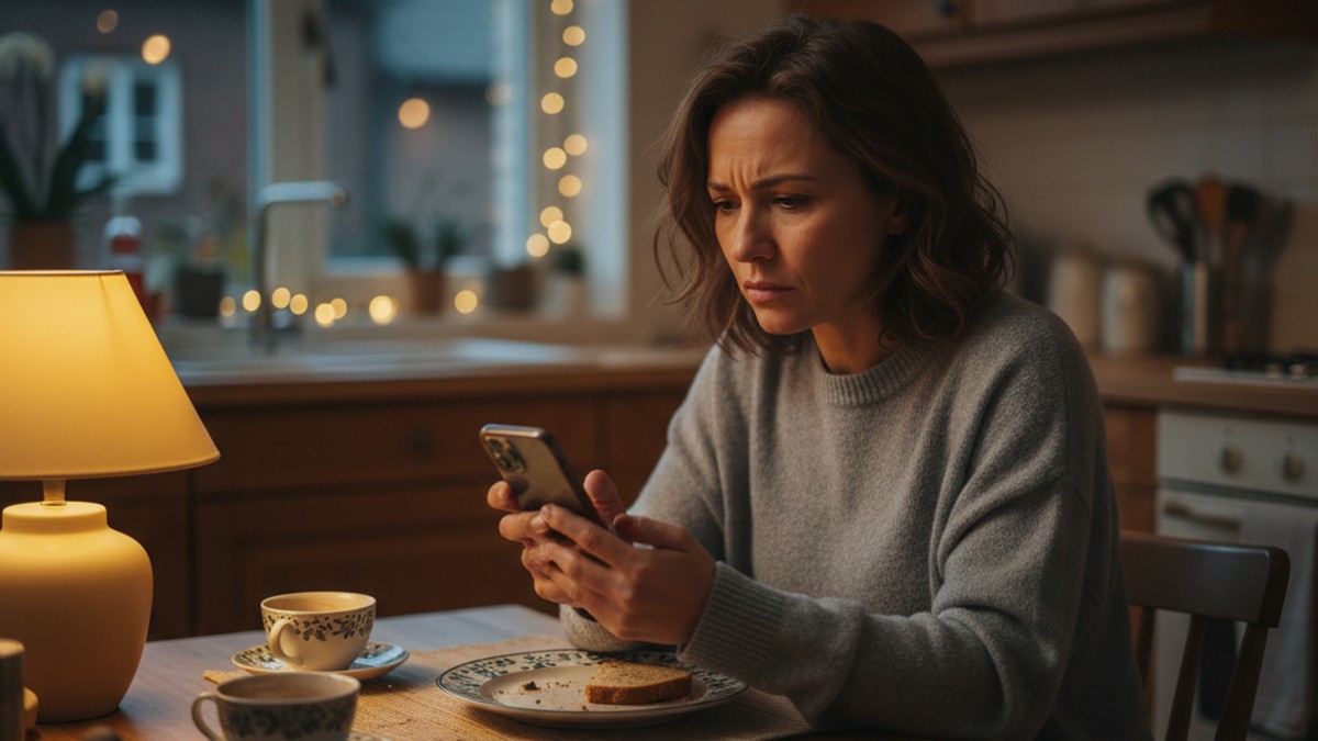Person looking at phone with concerned expression while searching for partner on dating apps