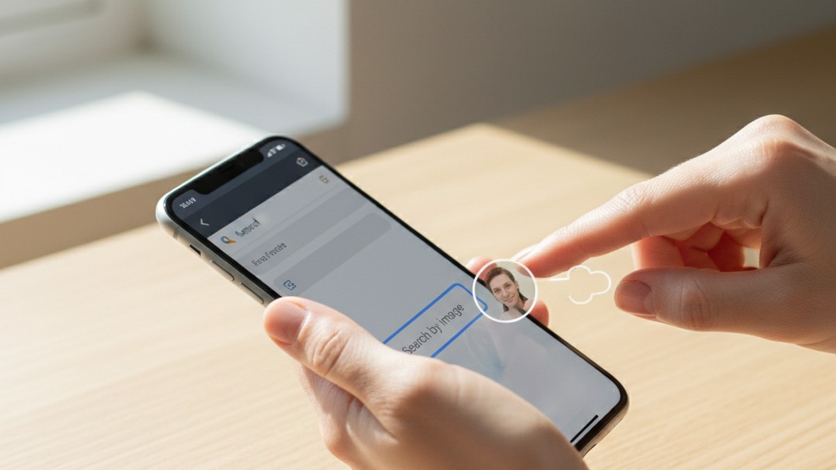 Hands using reverse image search on smartphone to find someone on a dating app anonymously