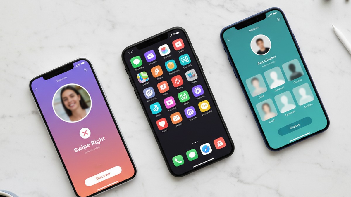 Three smartphones showing different dating app platforms in flat lay comparison