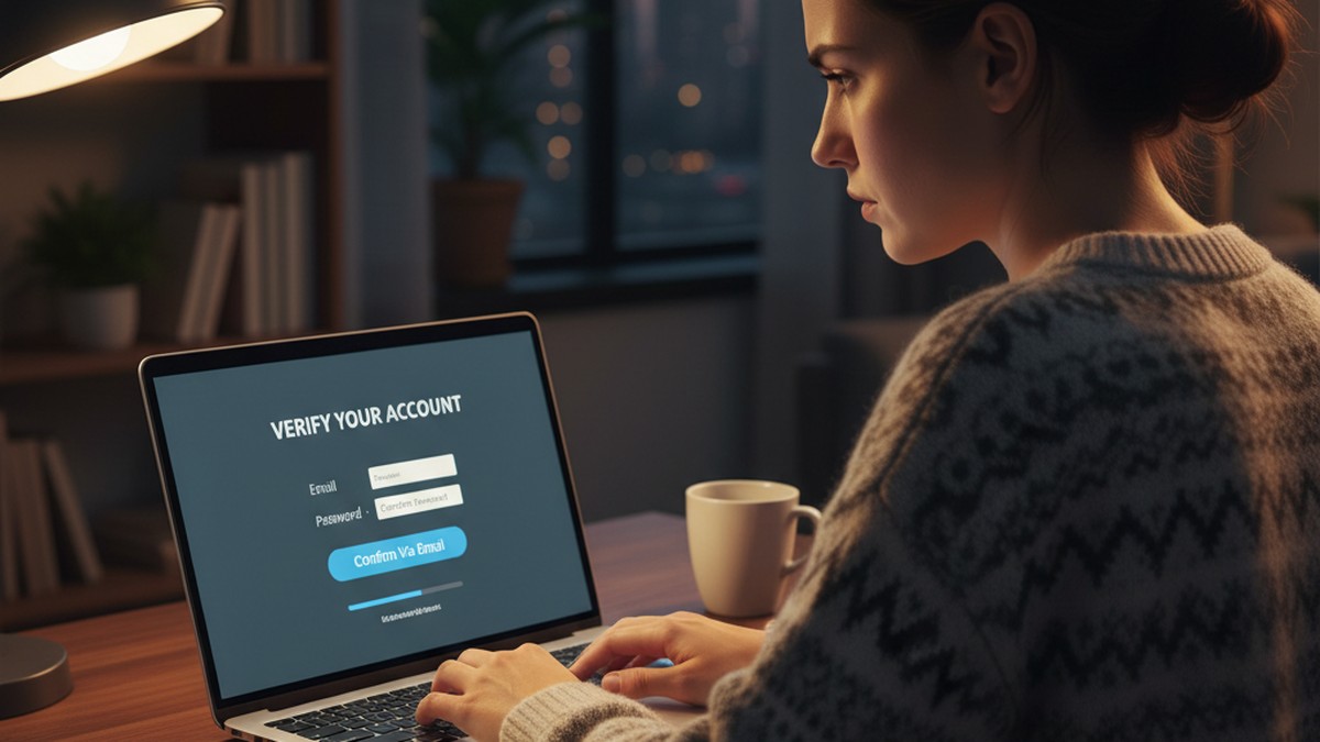 Over-the-shoulder view of person using laptop to check email registration on a dating platform