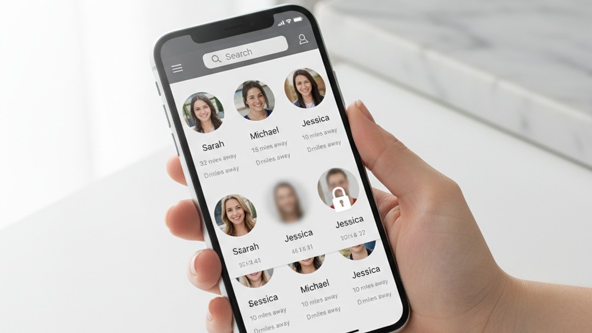 Close-up of smartphone showing dating app search results with profile thumbnails and location data