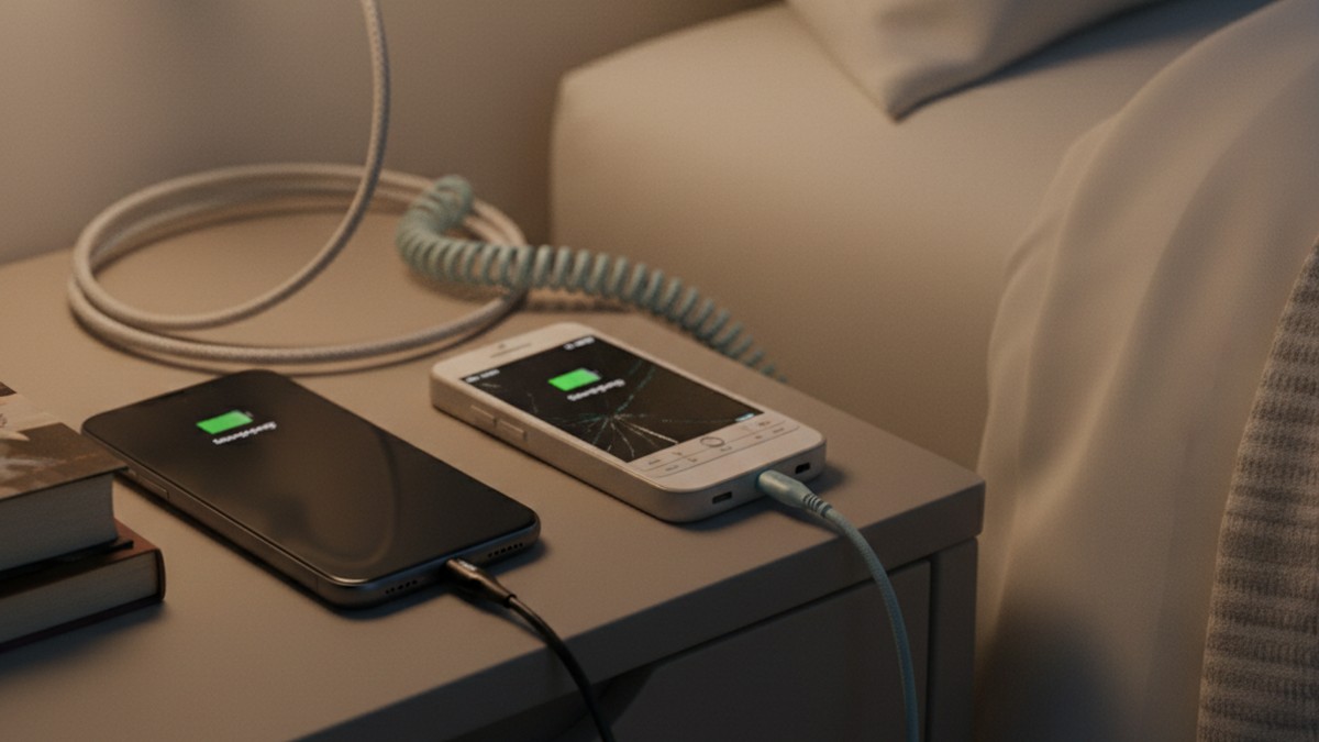 Two phones charging side by side on a nightstand — one familiar, one unrecognized