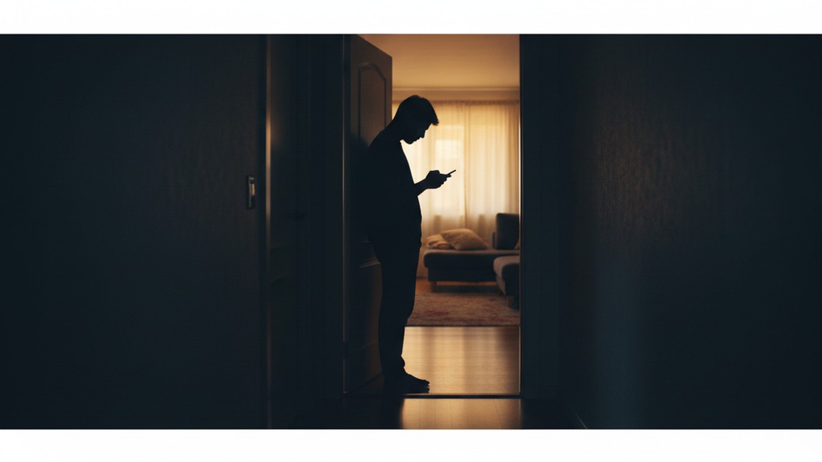 Person silhouetted in doorway checking a phone privately, away from the living room