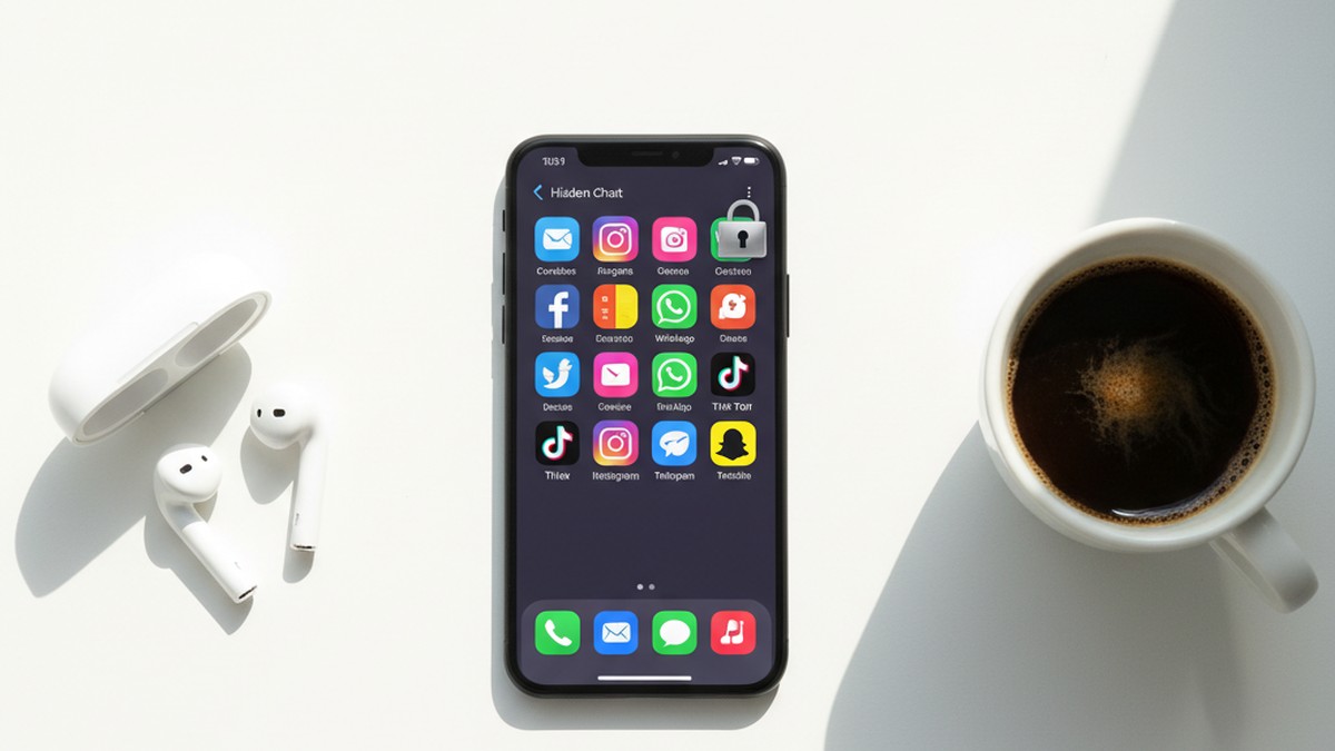 Overhead view of smartphone showing social media apps with hidden chat features on a desk