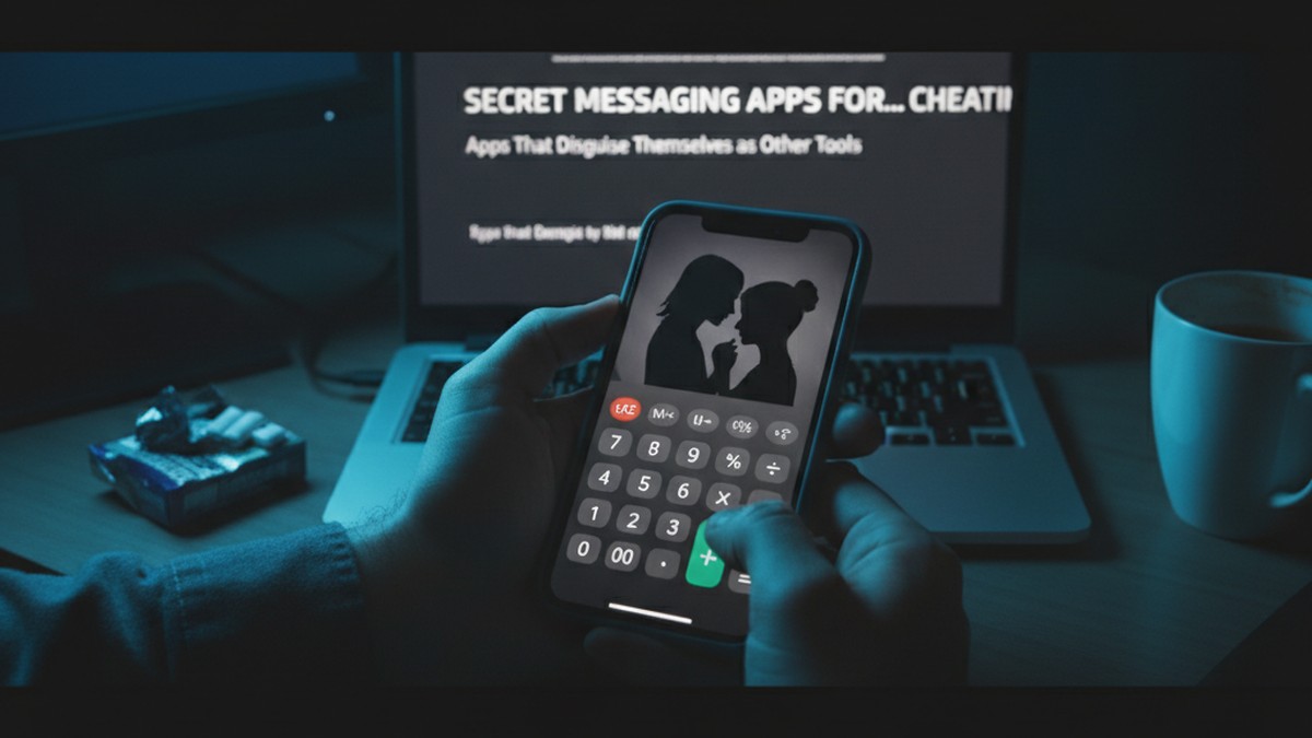 Hands holding a phone displaying a calculator app that disguises a secret messaging vault