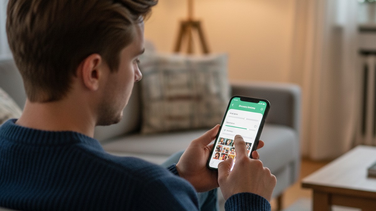 Over-the-shoulder view of person configuring Tinder discovery settings on smartphone in living room