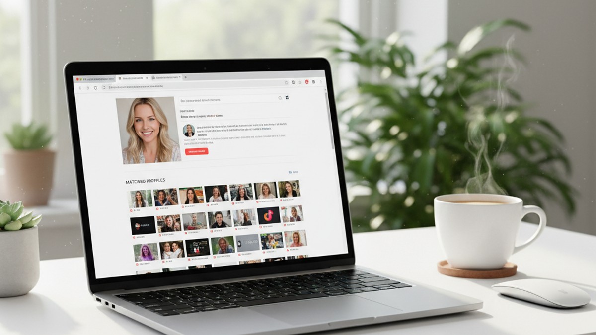 Laptop showing reverse image search results on a bright home office desk, used to find Tinder profiles by photo