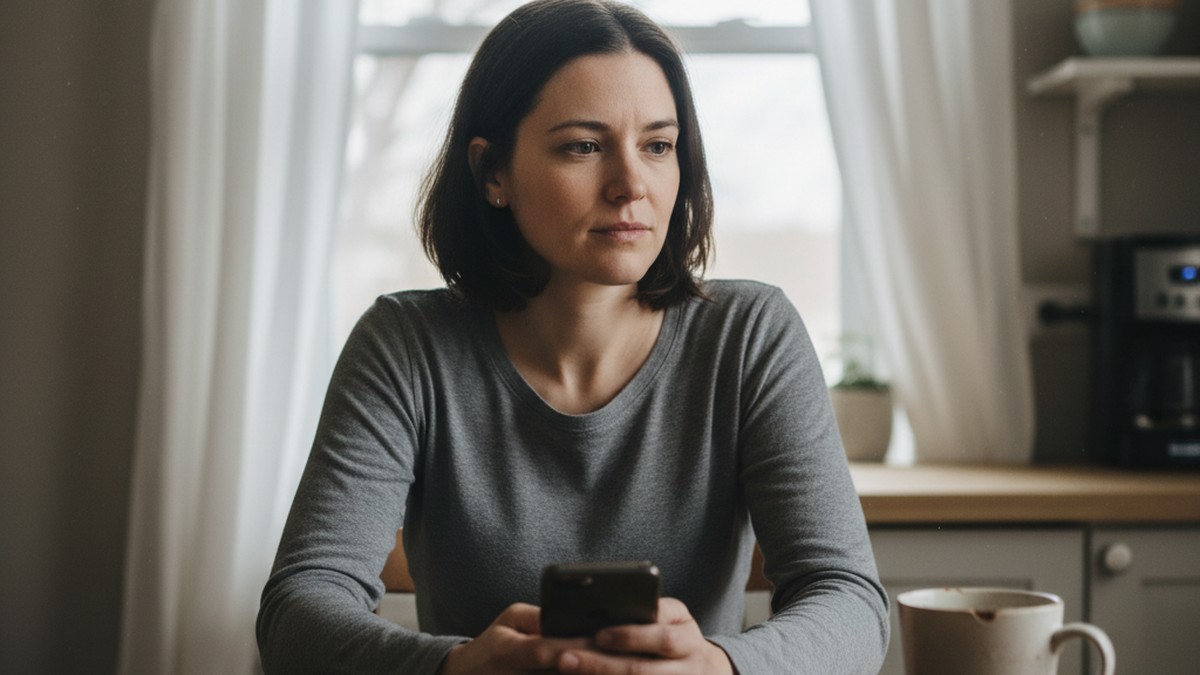 Person sitting alone at kitchen table holding phone face-down, contemplating a discovered Tinder profile