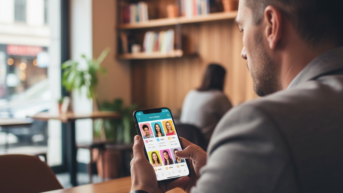 Person viewing dating app profiles on smartphone in a cafe — serial cheater dating apps behavior