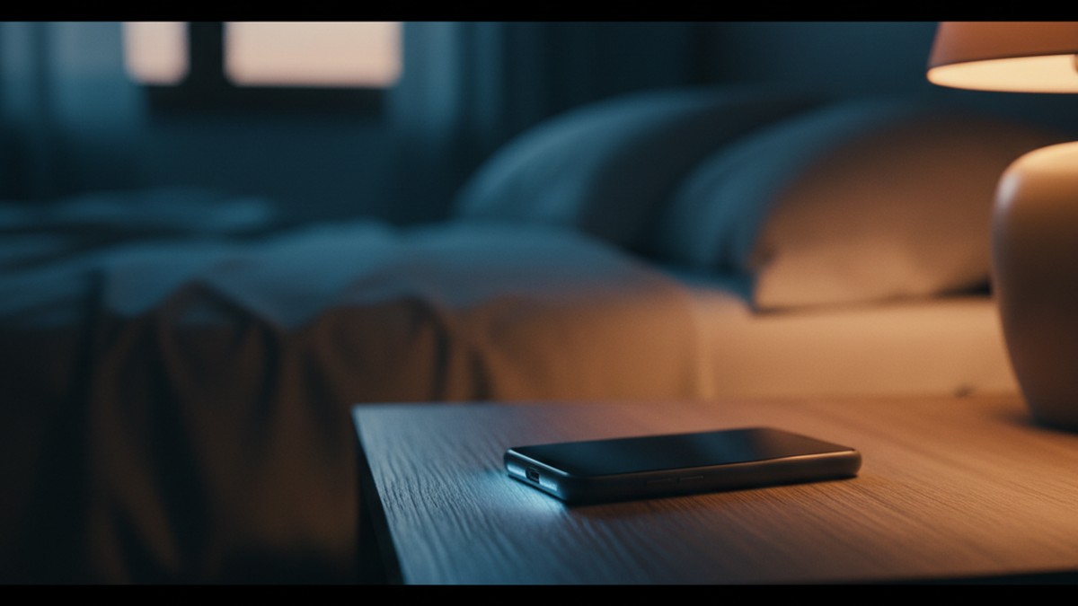 Smartphone face-down on nightstand with faint glow showing secret notification activity