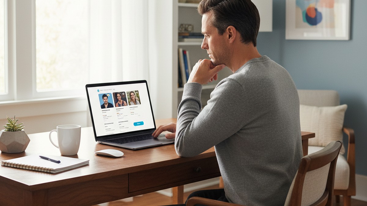 Person investigating dating profiles on laptop at home office desk