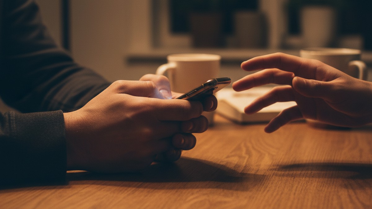 Person's hands holding phone face-down on table, screen notification glowing at edge