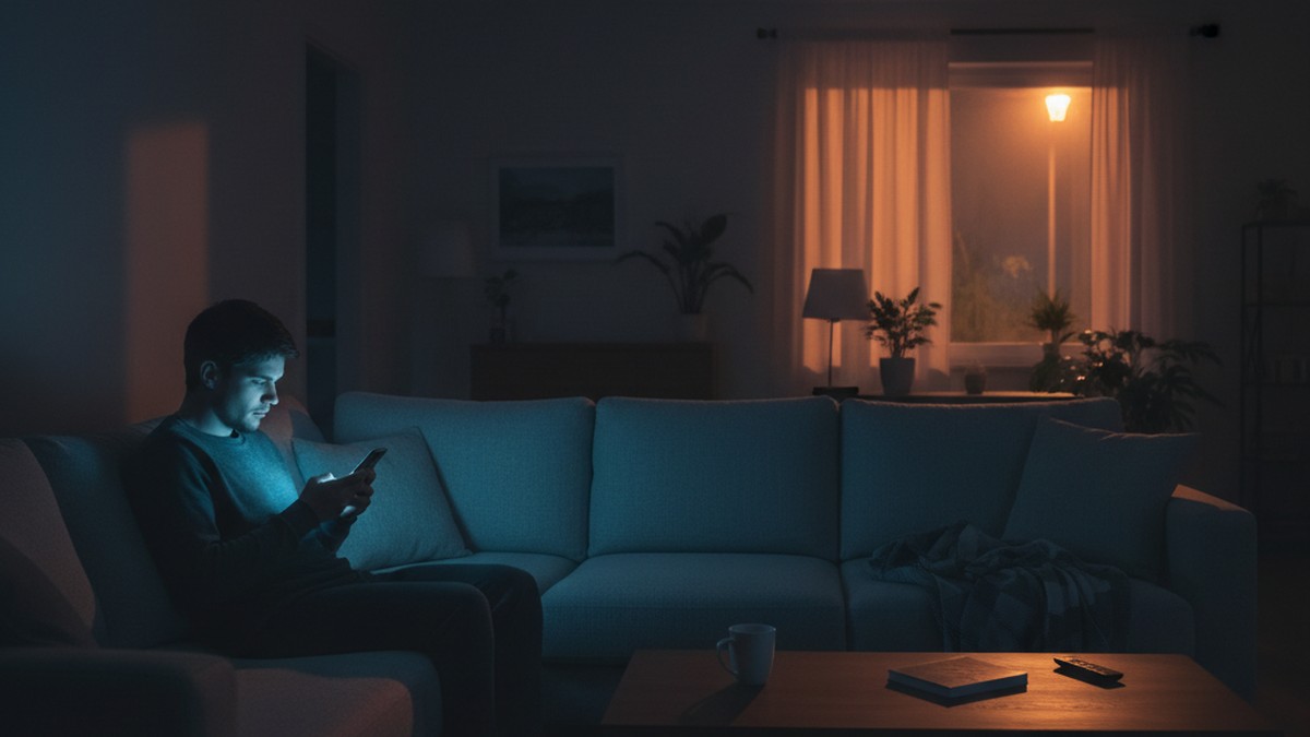 Person alone at night on couch, illuminated only by phone screen glow