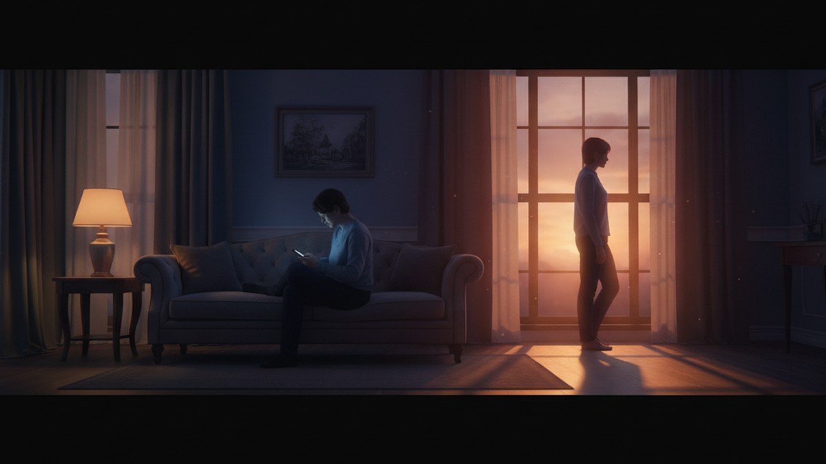 Two people in same room, emotionally disconnected, one at window one on couch