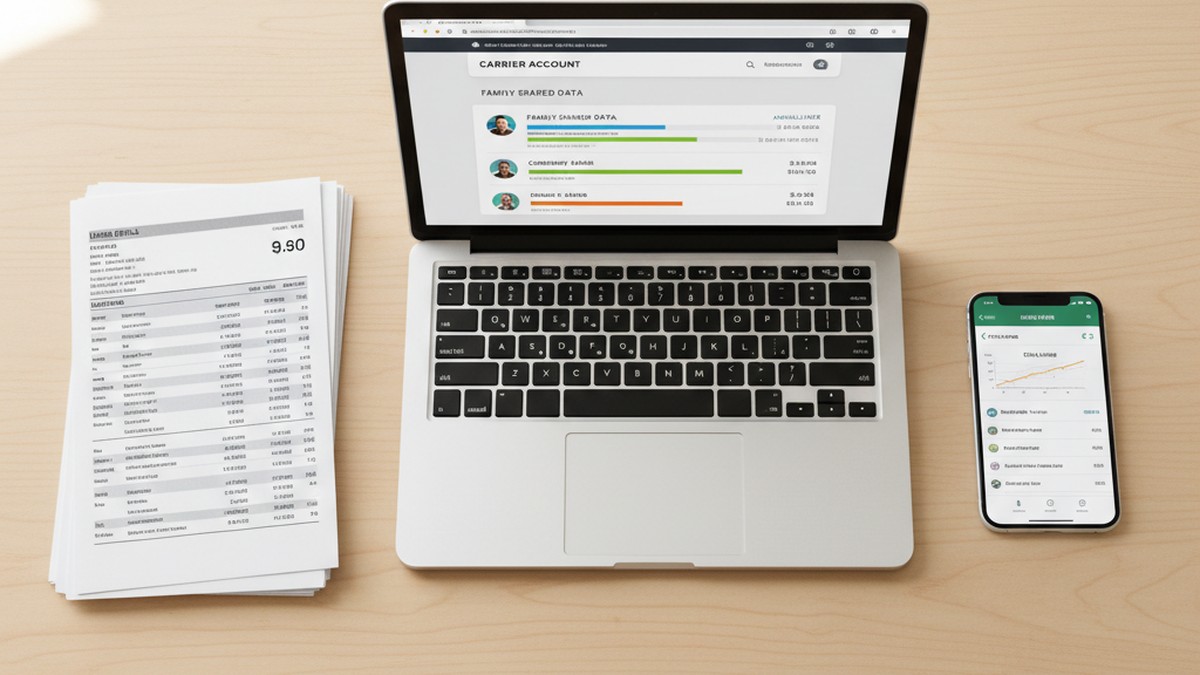 Overhead flat-lay of phone bill, laptop showing carrier dashboard, and smartphone data settings side by side